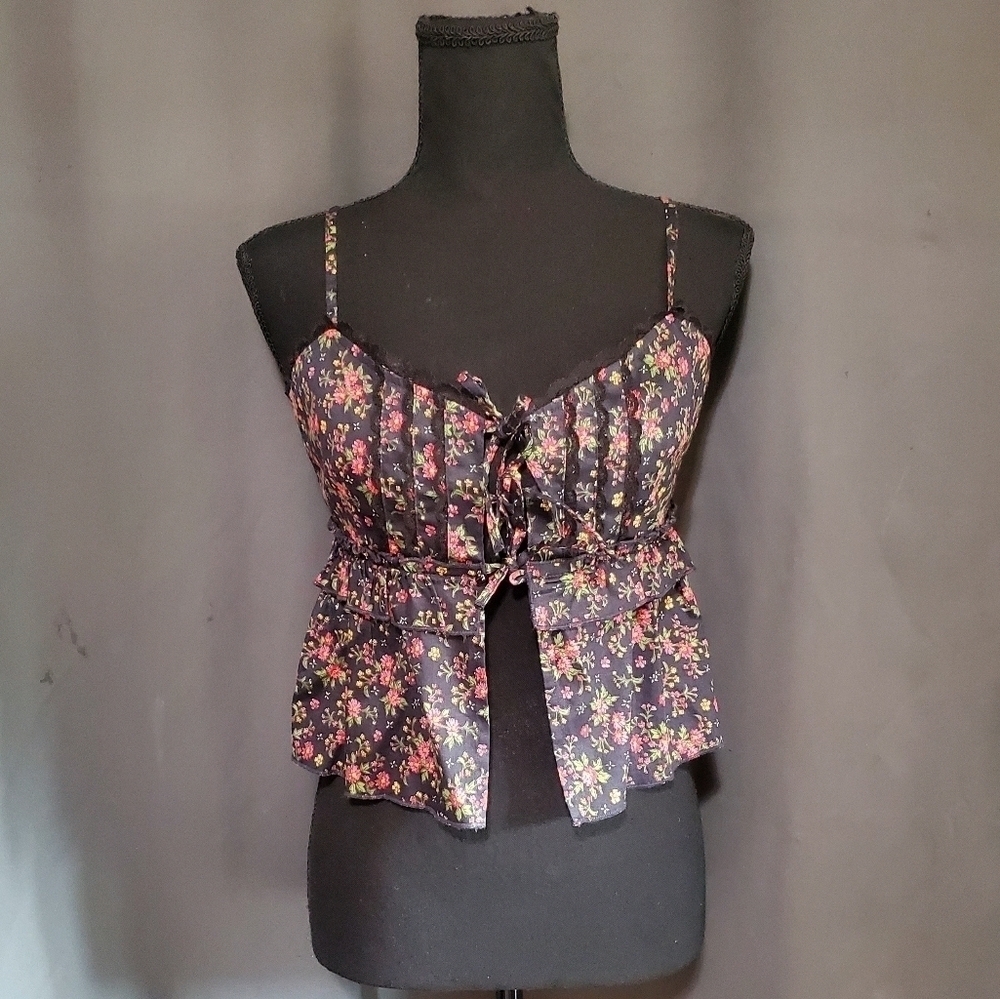 Free People Lace Up Floral Y2K Lace Trim Crop Top Size Small